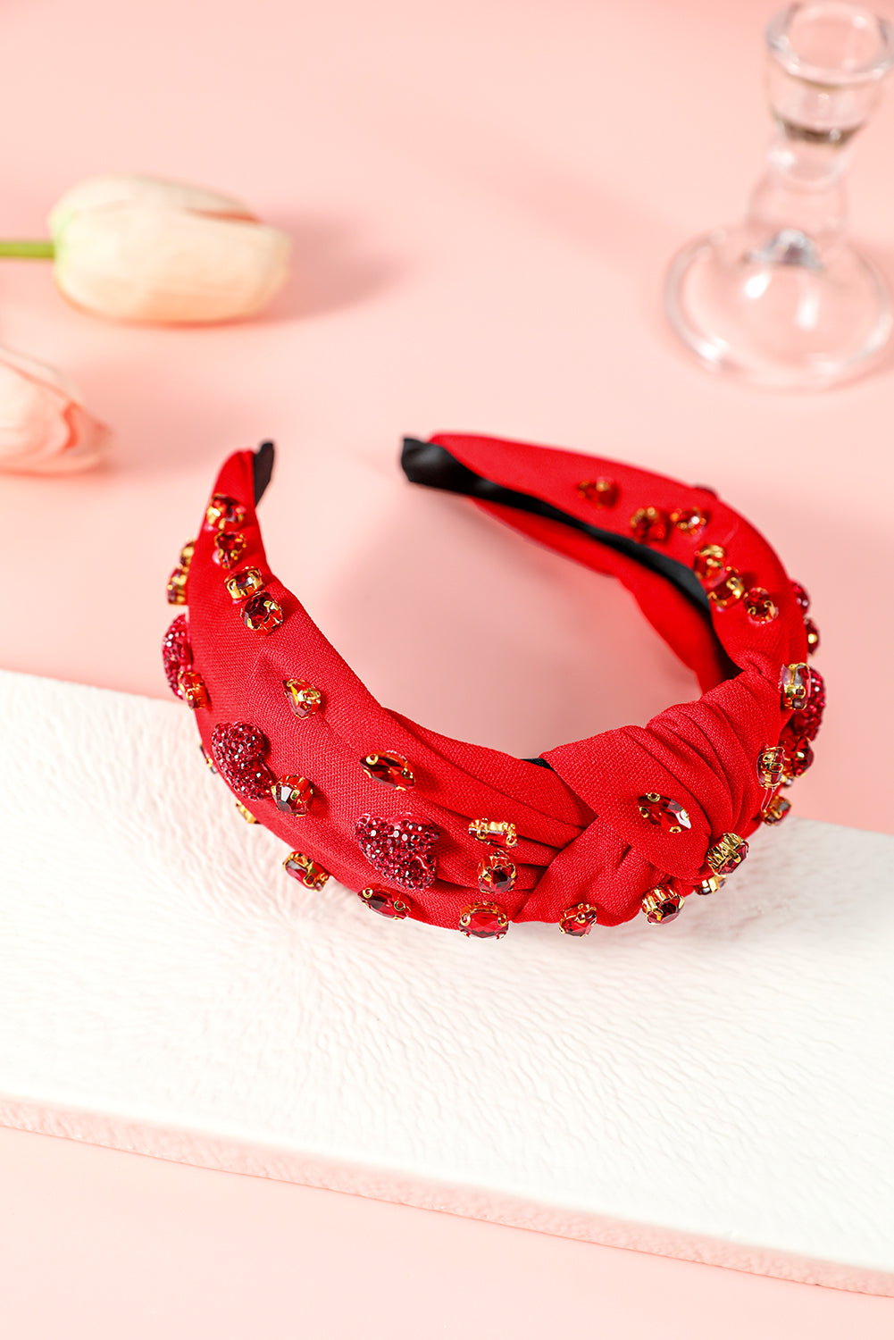 Serre-tête large noué en forme de cœur avec strass et verre