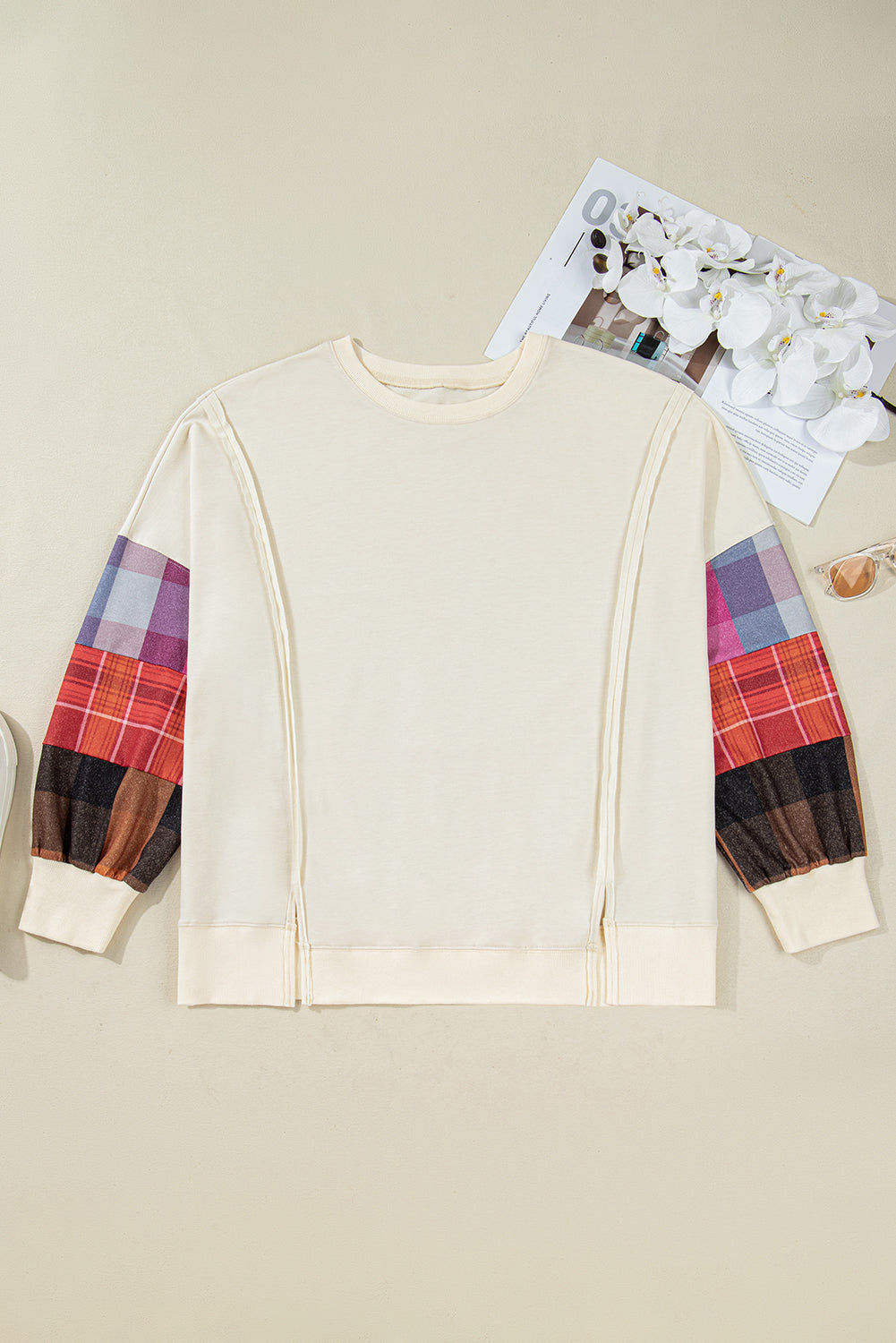 Beige Plus Size Multicolor Plaid Patchwork Sleeve Pullover Top