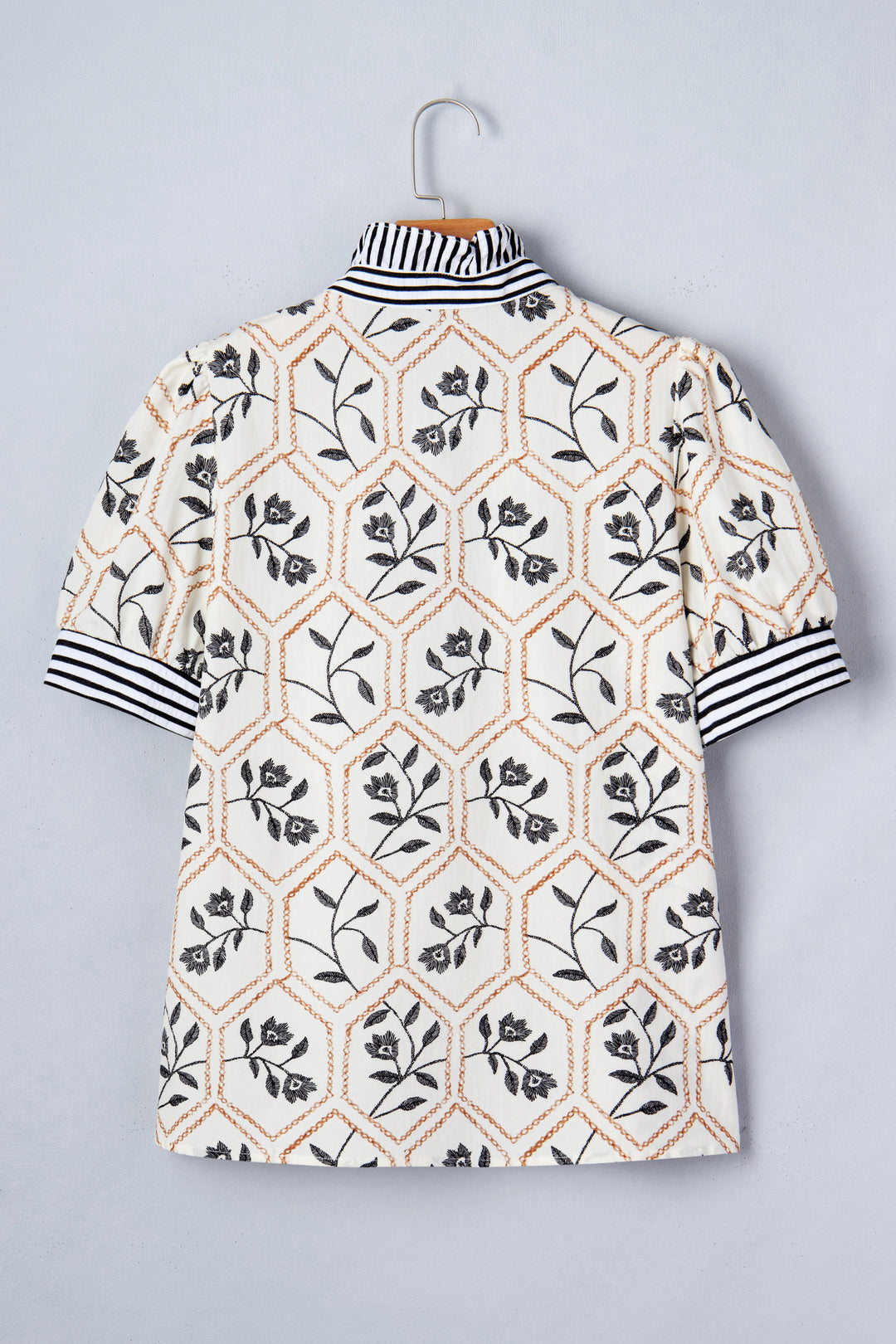 Floral Print Striped Patchwork Button Neck Short Sleeve Blouse