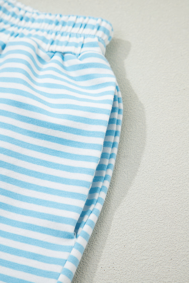 Sky Blue Stripe Oversize Mock Neck Sweatshirt and Shorts Set