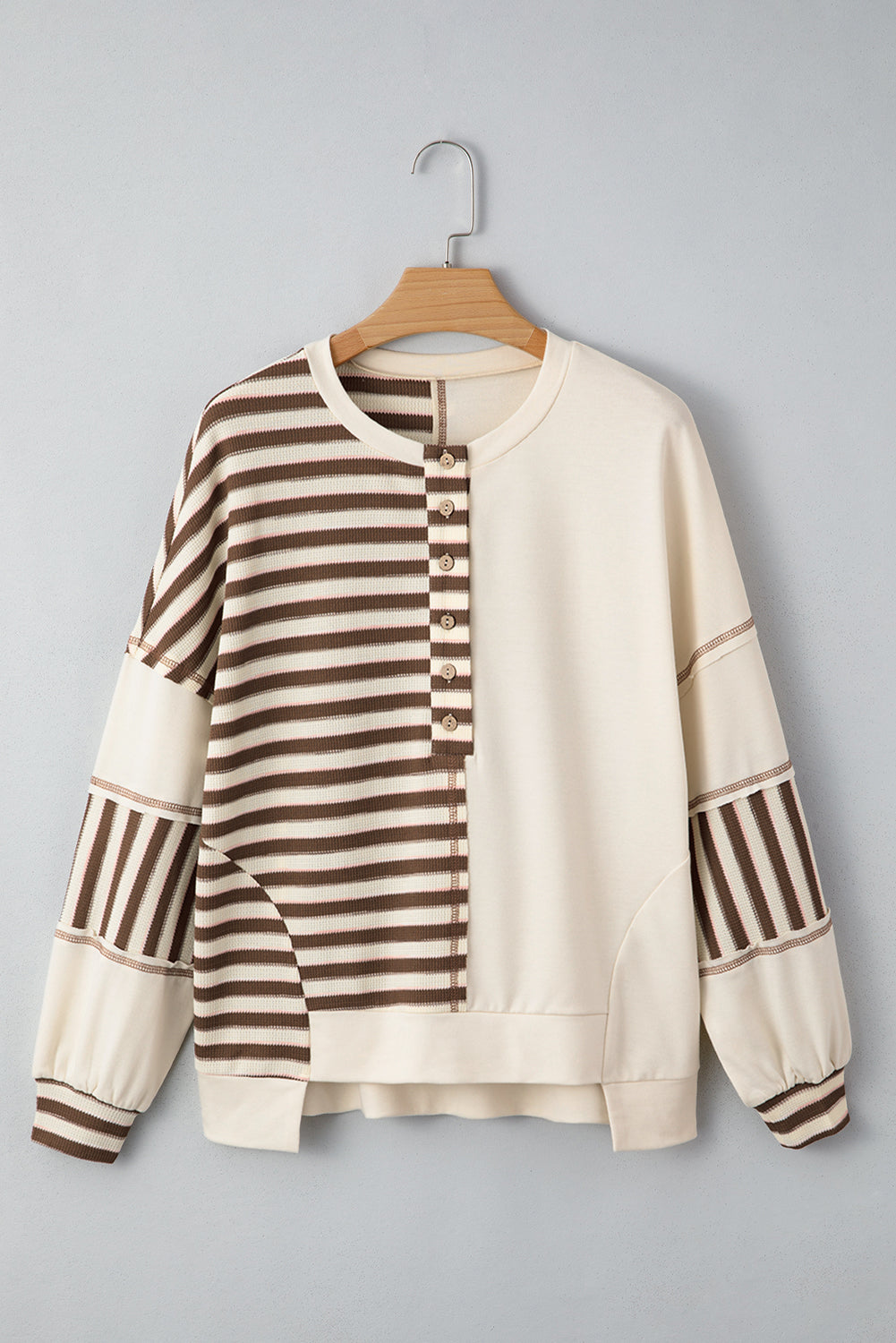 Khaki Stripe Color Block Patchwork Oversized Pullover Top