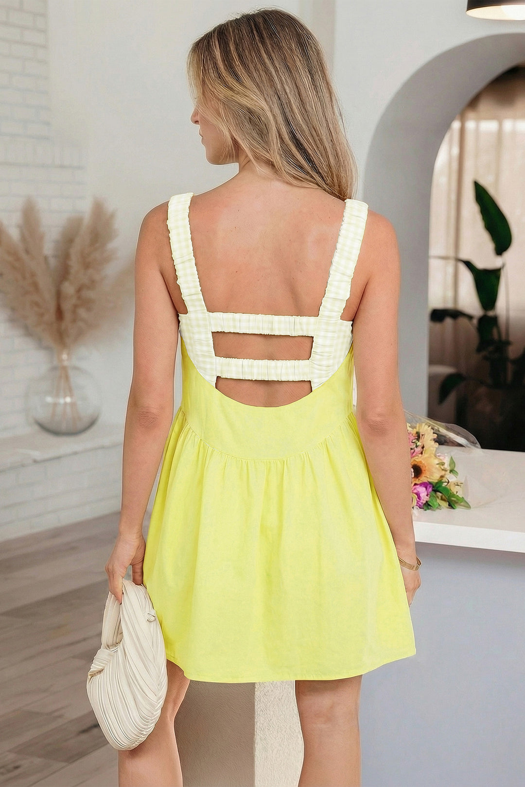 Cute Yellow Cream Faux Two Piece Gingham Contrast Loose Mini Dress