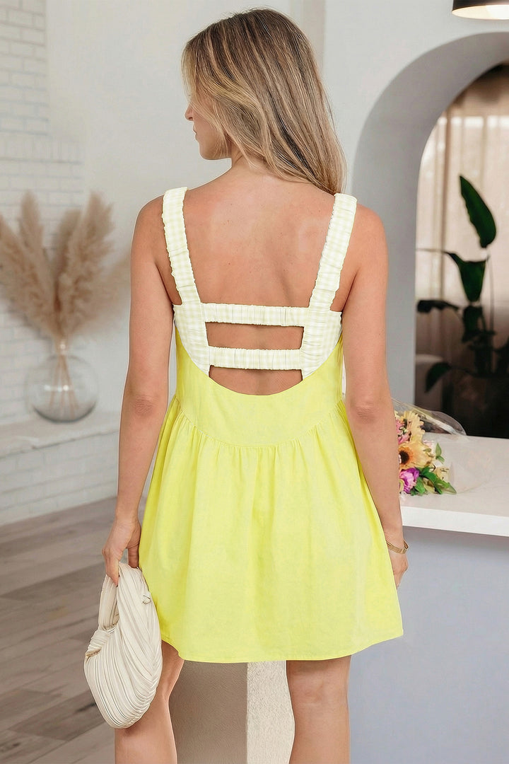 Cute Yellow Cream Faux Two Piece Gingham Contrast Loose Mini Dress