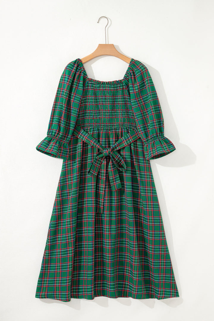 Green Tartan Plaid Square Neck Knot Waist Flared Midi Dress