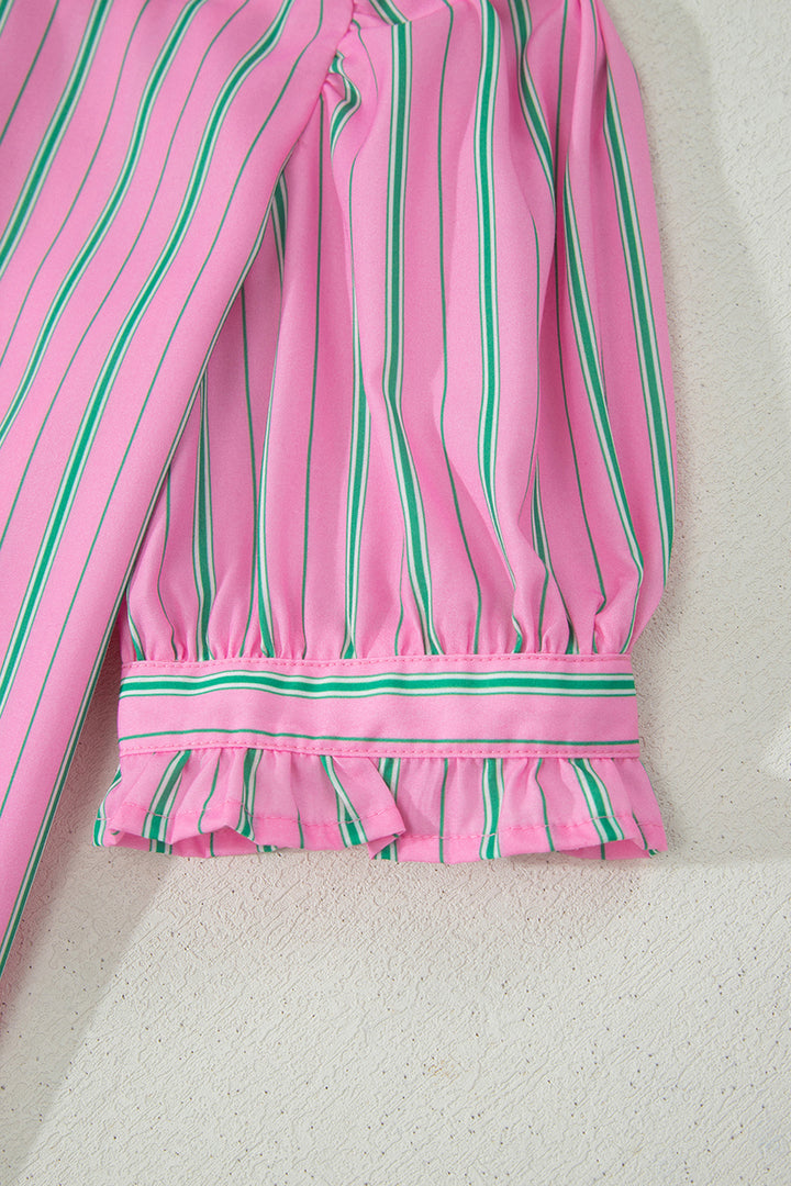 Pink Stripe Ruffle Trim Half Button Short Puff Sleeve Blouse