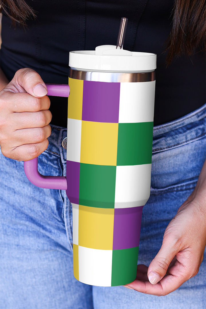 Mardi Gras Checkered Print Handle Large Tumbler 40oz