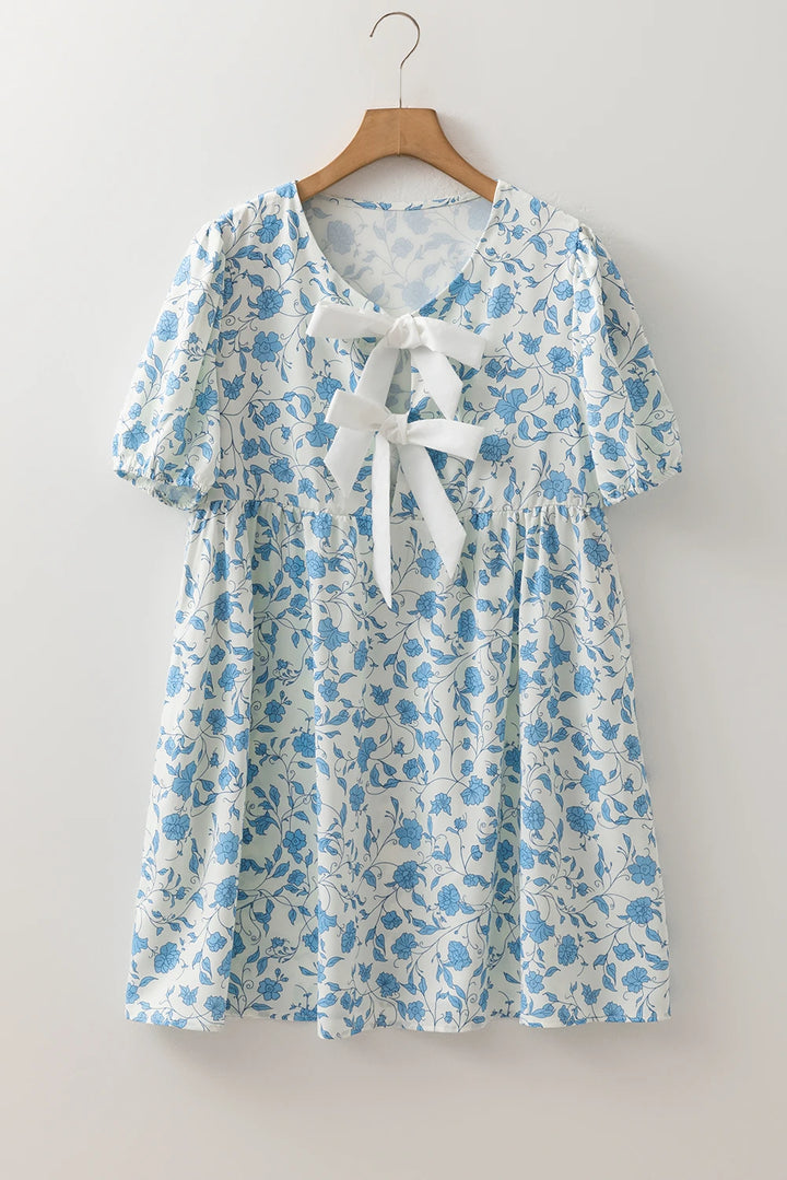 Cute Sky Blue Floral Contrast Bow Puff Sleeve Mini Dress