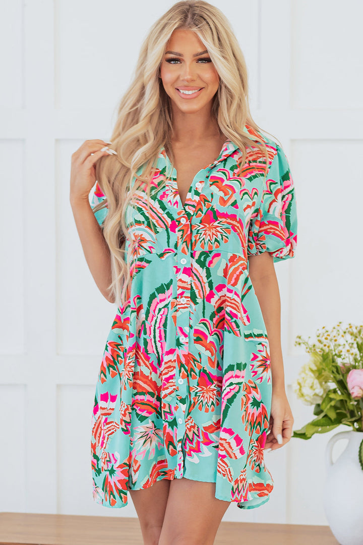 Abstract Print Lace-up High Waist Buttoned Mini Dress