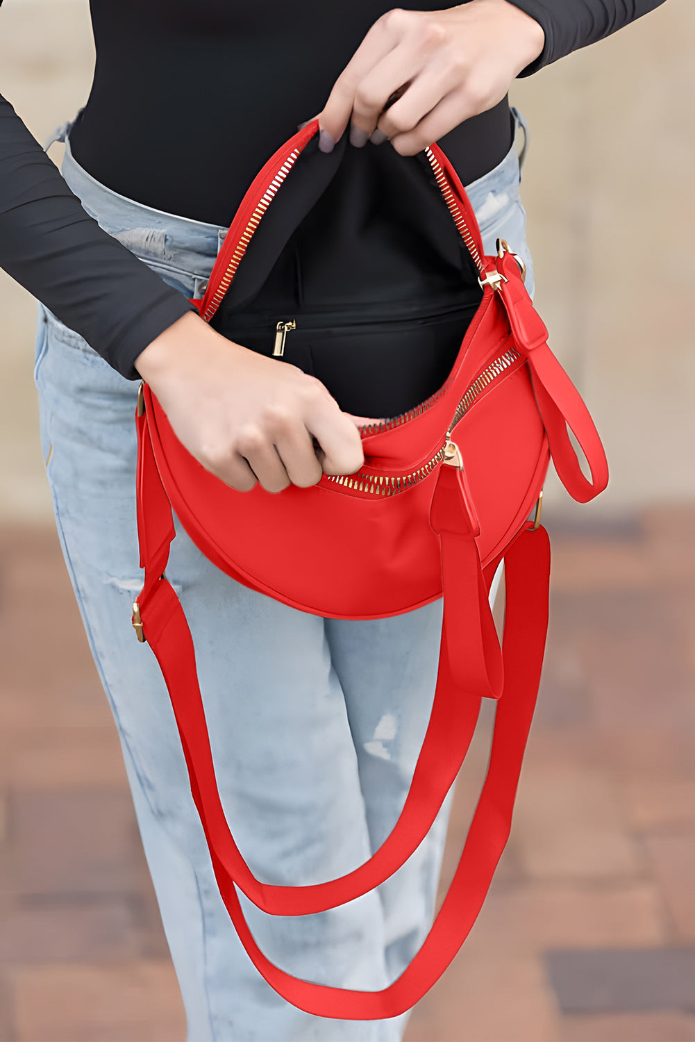 Double Zip Crescent Shape Adjustable Sling Bag