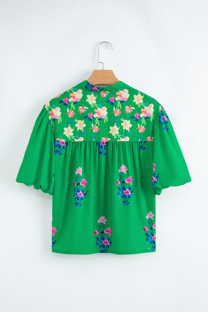 floral detail tie split neck short sleeve blouse