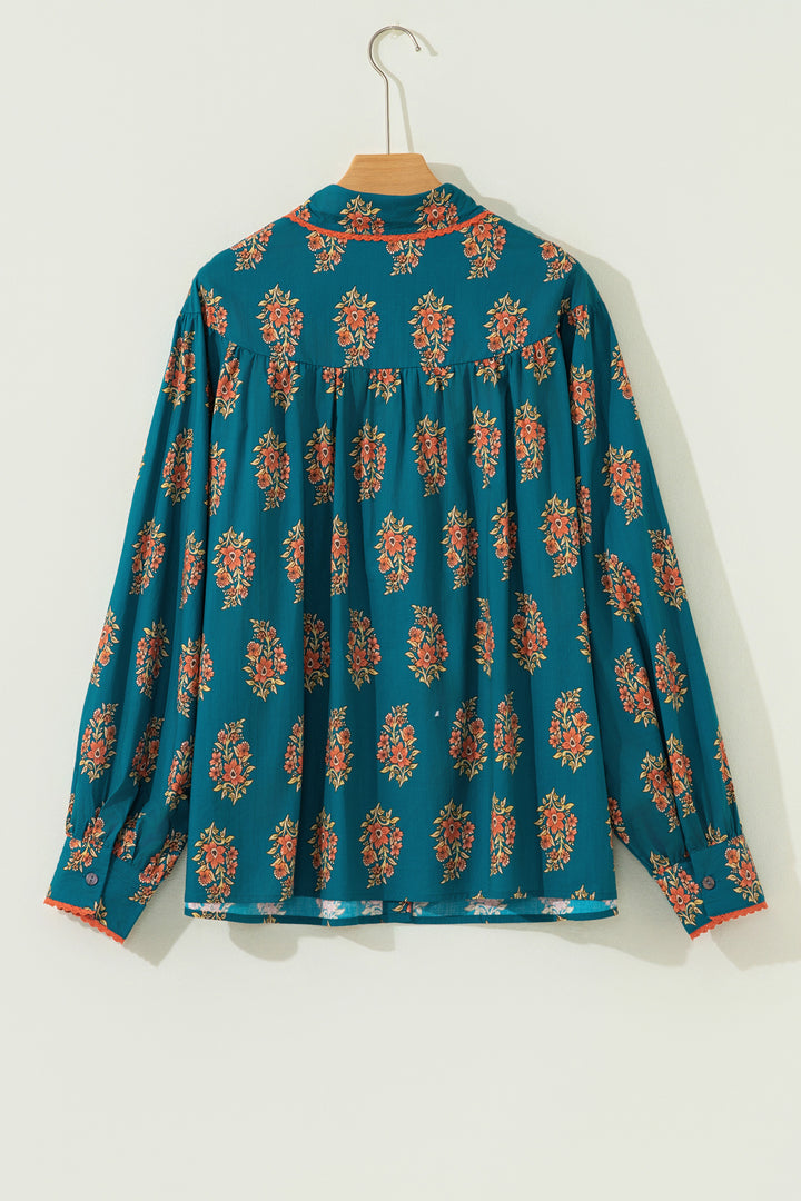 Green Plus Size Floral Print Contrast Lacy Trim Pleated Loose Shirt