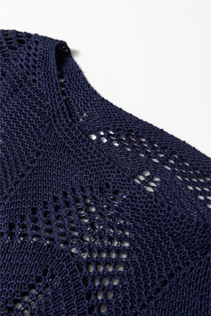 Navy Blue Hollow Out Knit 7/8 Sleeve Casual Sweater
