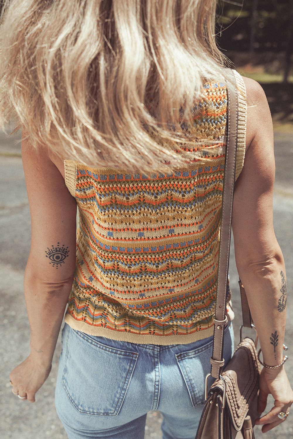 Eyelet Crochet Round Neck Sweater Vest