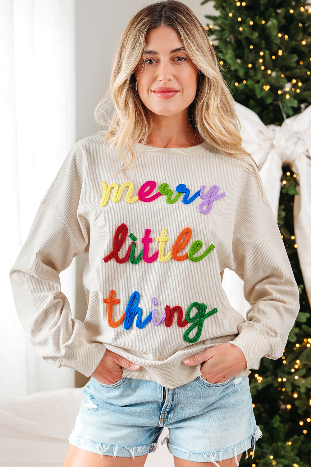 merry little thing Corded Letter Graphic Ribbed Loose Sweatshirt