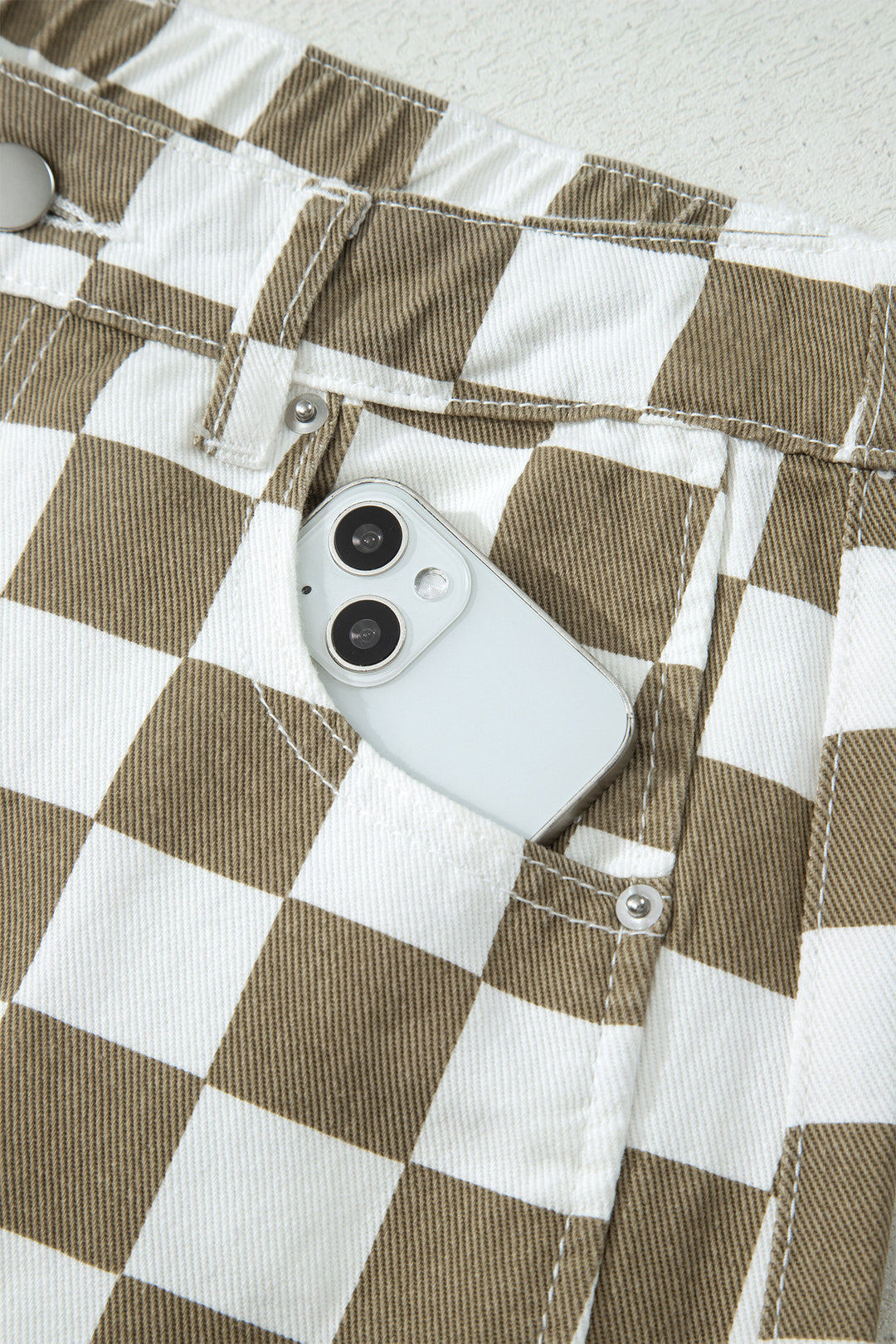 White Checkered Print Denim Barrel Pants