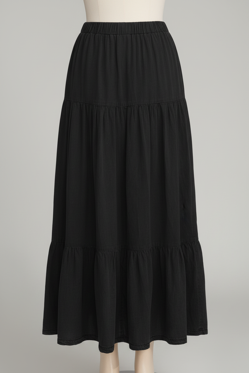Black Elastic Waist Ruffled Tiered Flared Denim Maxi Skirt