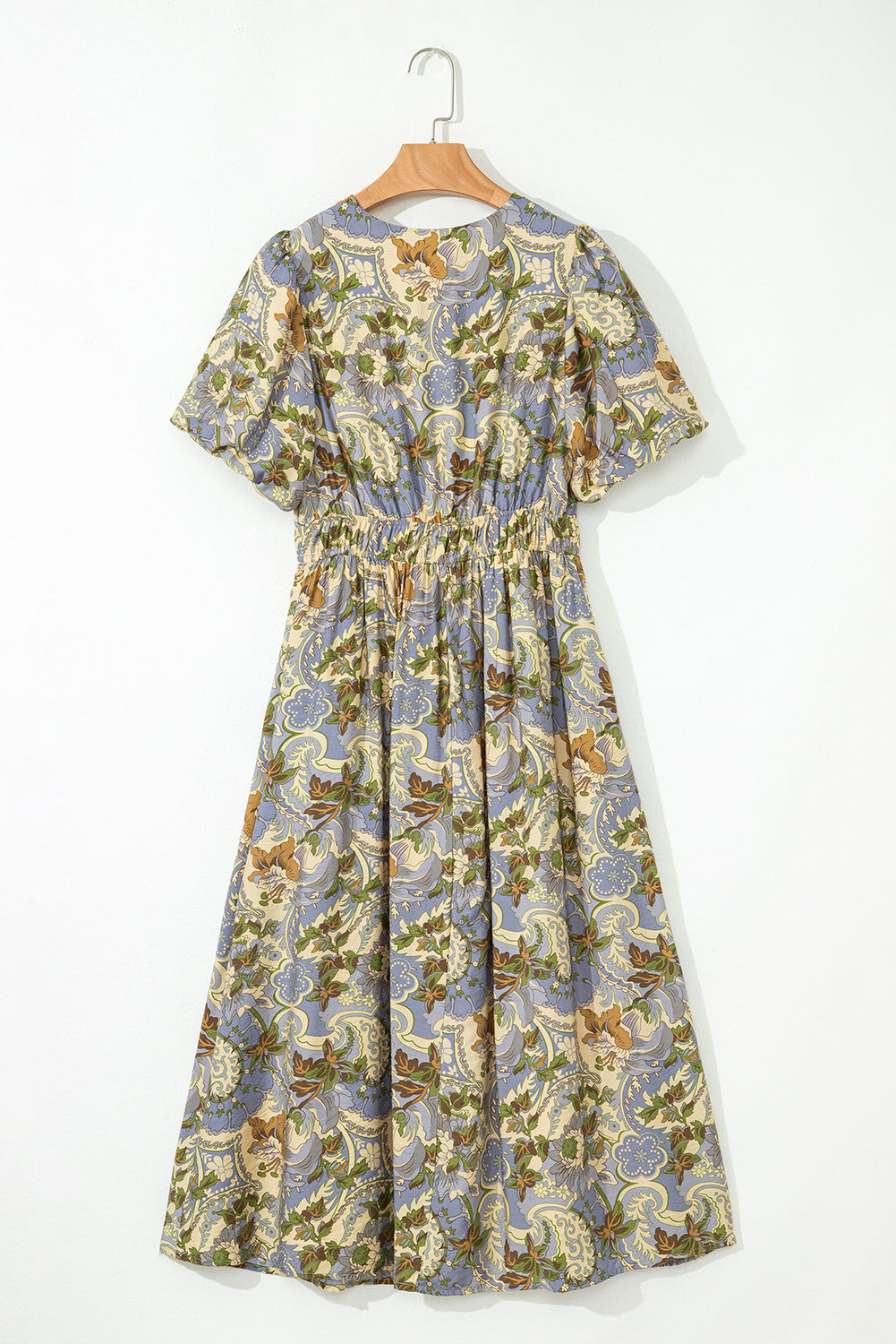Vintage Floral V Neck Short Puff Sleeve Long Dress