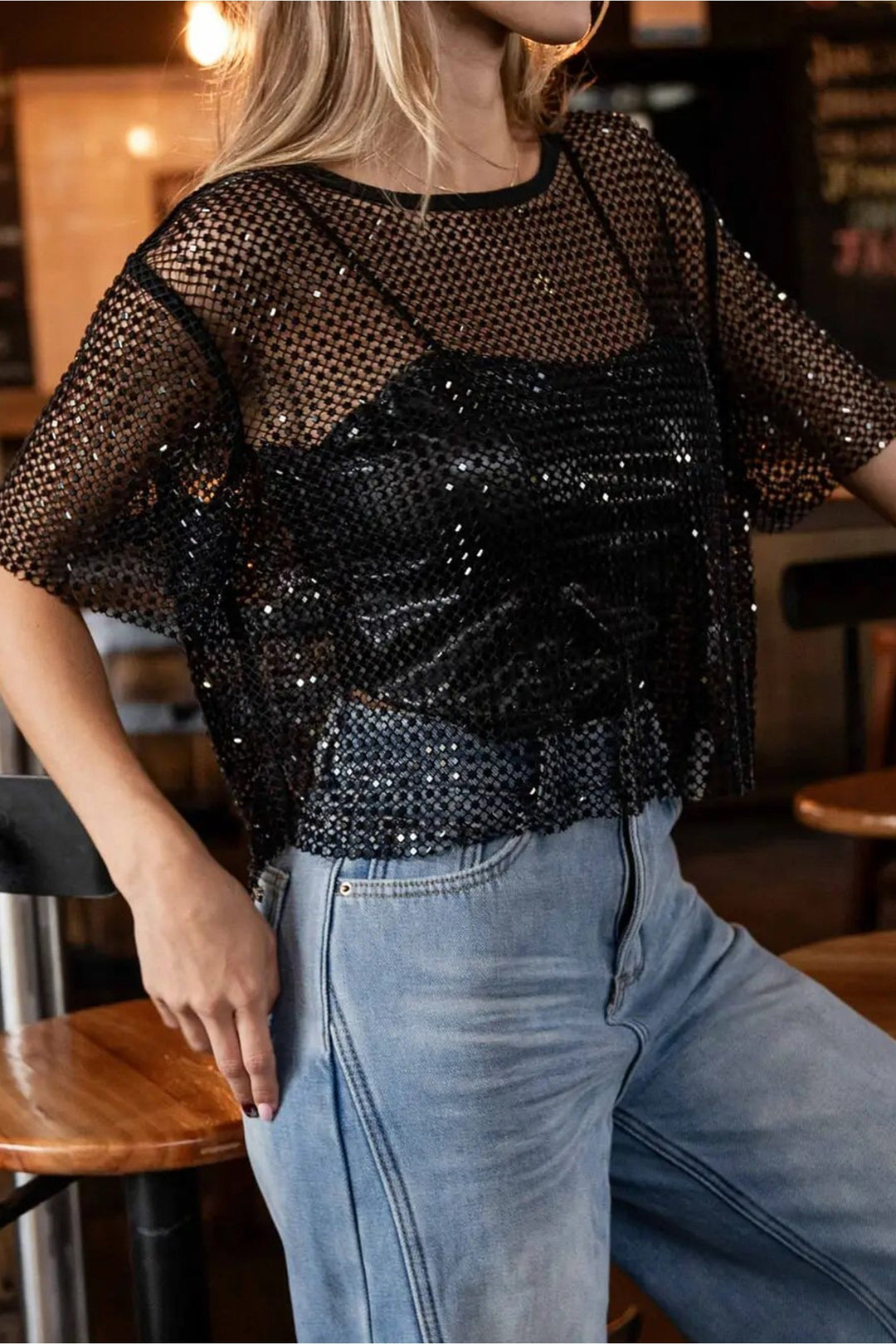 Black Rhinestone Mesh Round Neck Raw Hem T Shirt