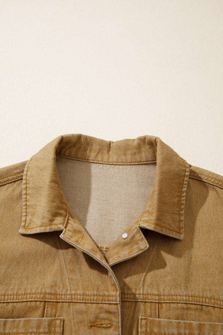 honey gold Metal Button Front Long Sleeve Collar Denim Jacket