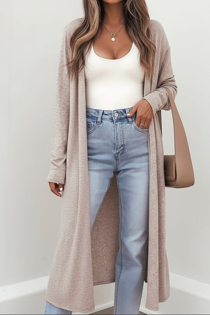 Parchment Solid Color Long Sleeve Casual Tunic Shift Cardigan