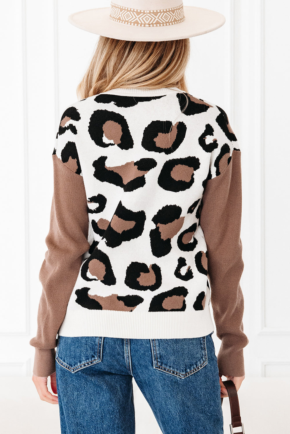 Leopard Print Color Block Patchwork Sleeve V Neck Sweater