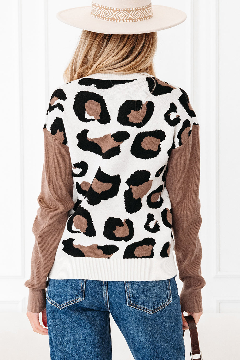 Leopard Print Color Block Patchwork Sleeve V Neck Sweater
