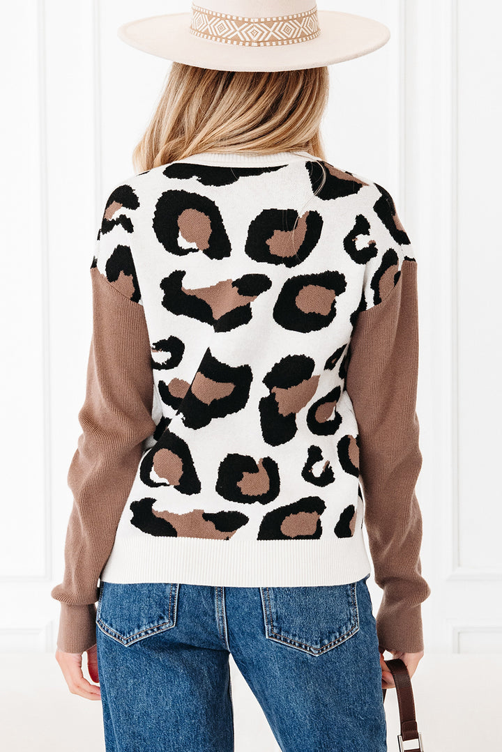 Leopard Print Color Block Patchwork Sleeve V Neck Sweater