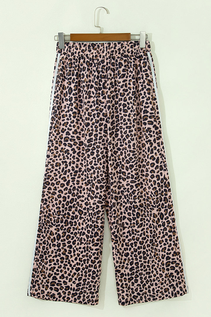 Beige Leopard Print Side Striped Detail Casual Wide Leg Pants