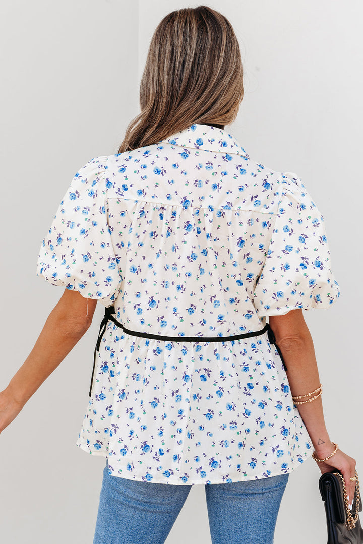 contrast trim floral puff short sleeve shirt
