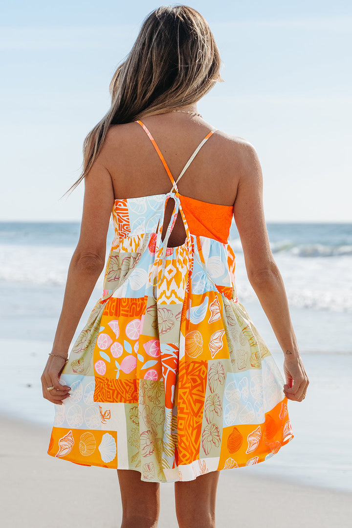Seashell Patchwork Print Self-tie Flowy Sundress
