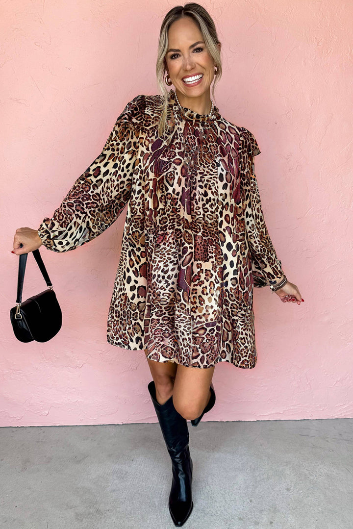 Leopard Ruffled Detail Long Sleeve Loose Mini Dress