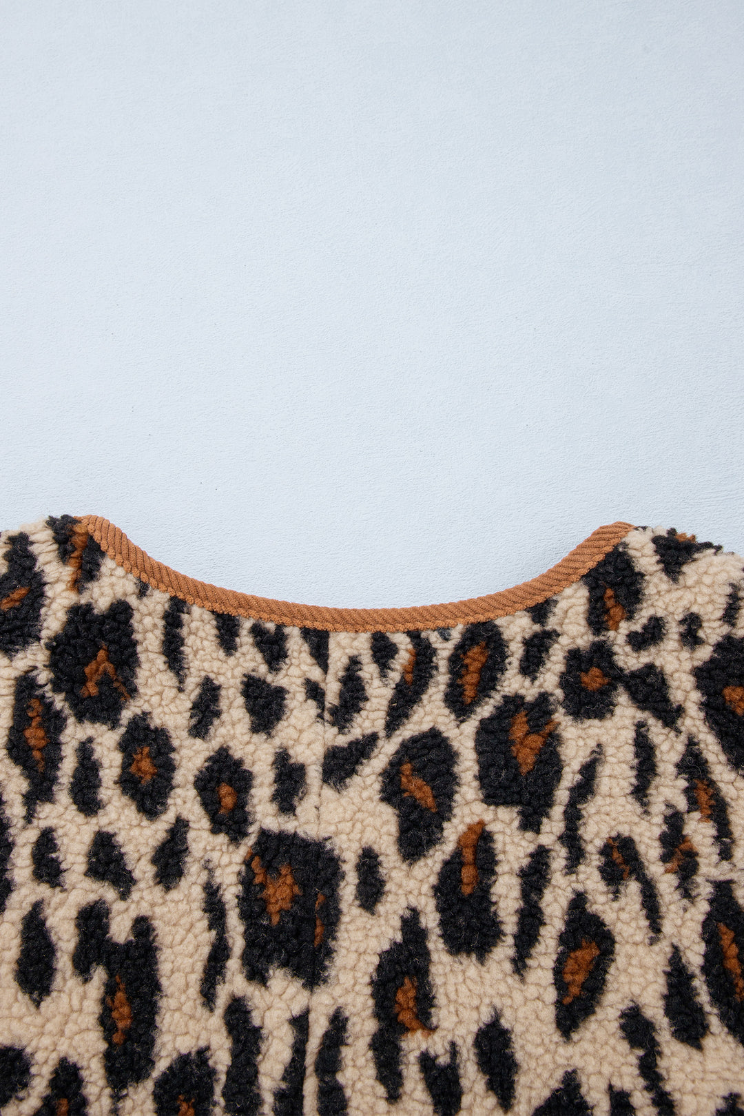 Khaki Leopard Plush Corduroy Trim Long Sleeve Jacket