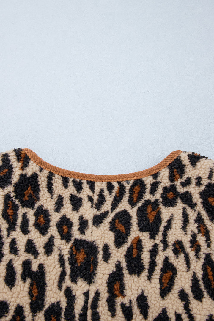 Khaki Leopard Plush Corduroy Trim Long Sleeve Jacket