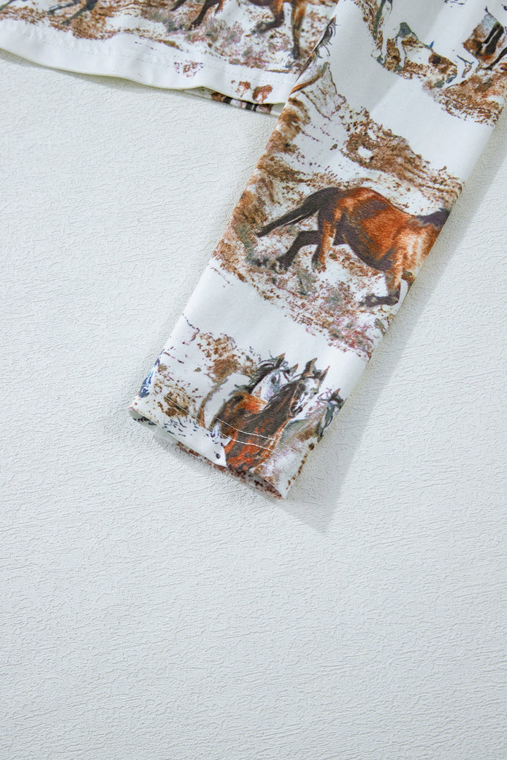 Western Wild Horses Print Hollow-out High Neck Top
