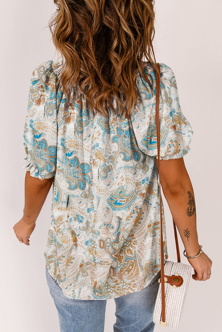 Sky Blue Paisley Pattern Print Drawstring V Neck Blouse