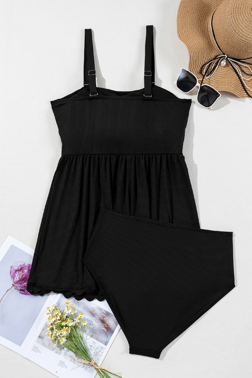 Plus Size Textured Scalloped Trim Swim Dress with Panty