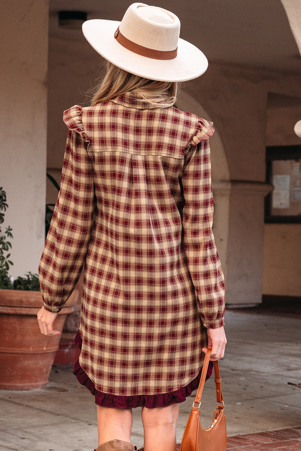 Plaid Print Ruffled Long Sleeve Patchwork Hem Mini Shirt Dress