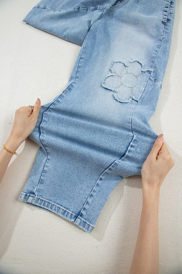 Beau Blue Flower Patched Light Wash Cropped High Waist Barrel Jeans
