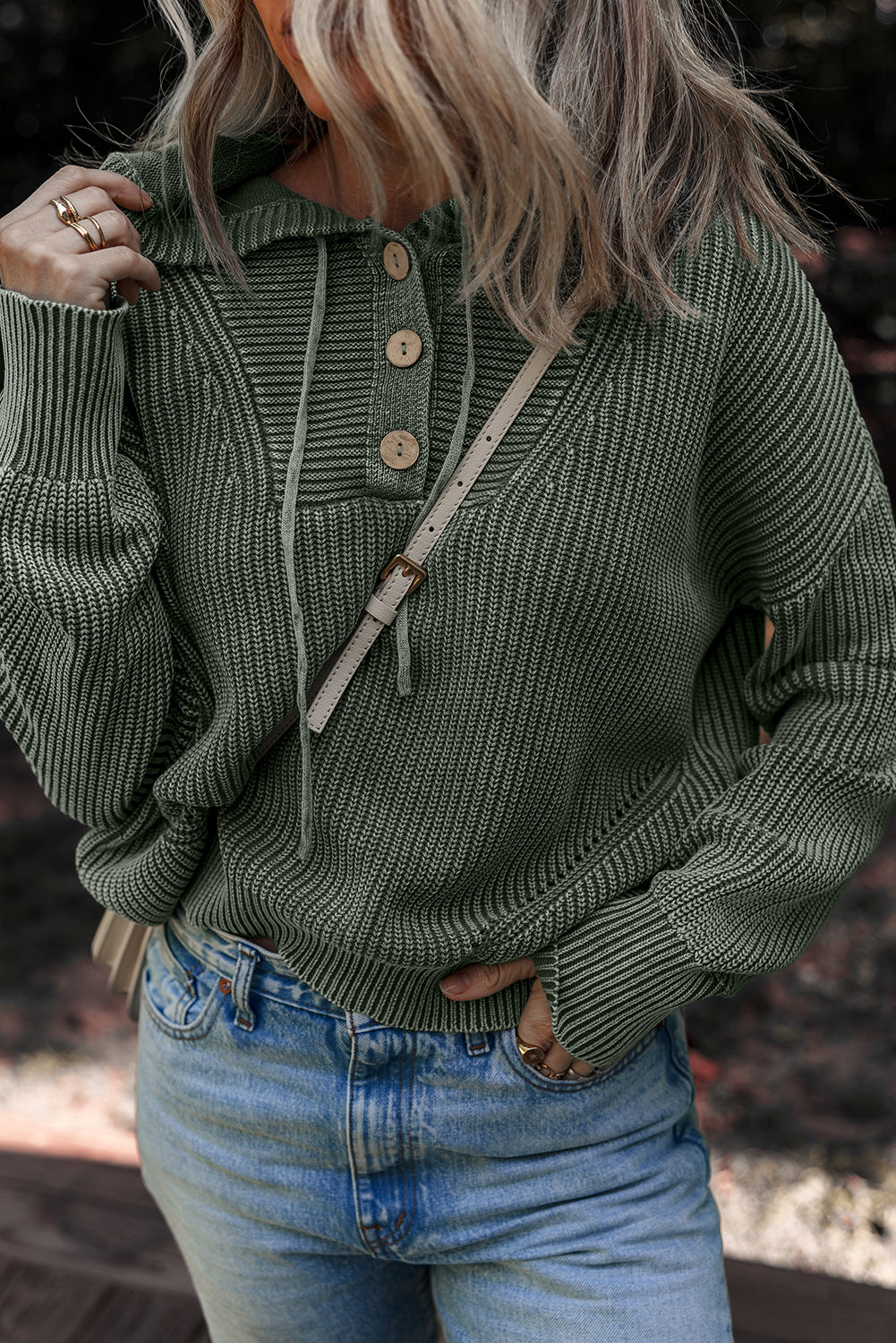 Mineral Wash Ribbed Knit Button Drawstring Neck Hooded Sweater