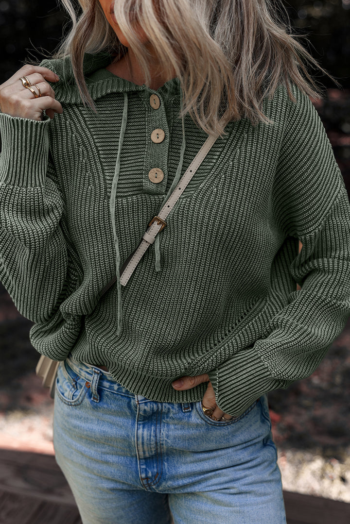 Mineral Wash Ribbed Knit Button Drawstring Neck Hooded Sweater