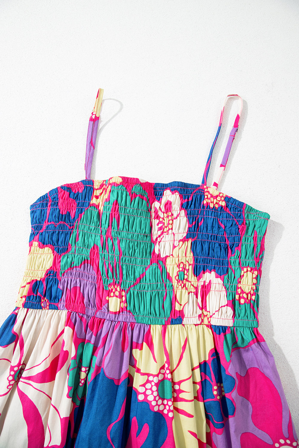 floral print shirred spaghetti strap loose maxi dress