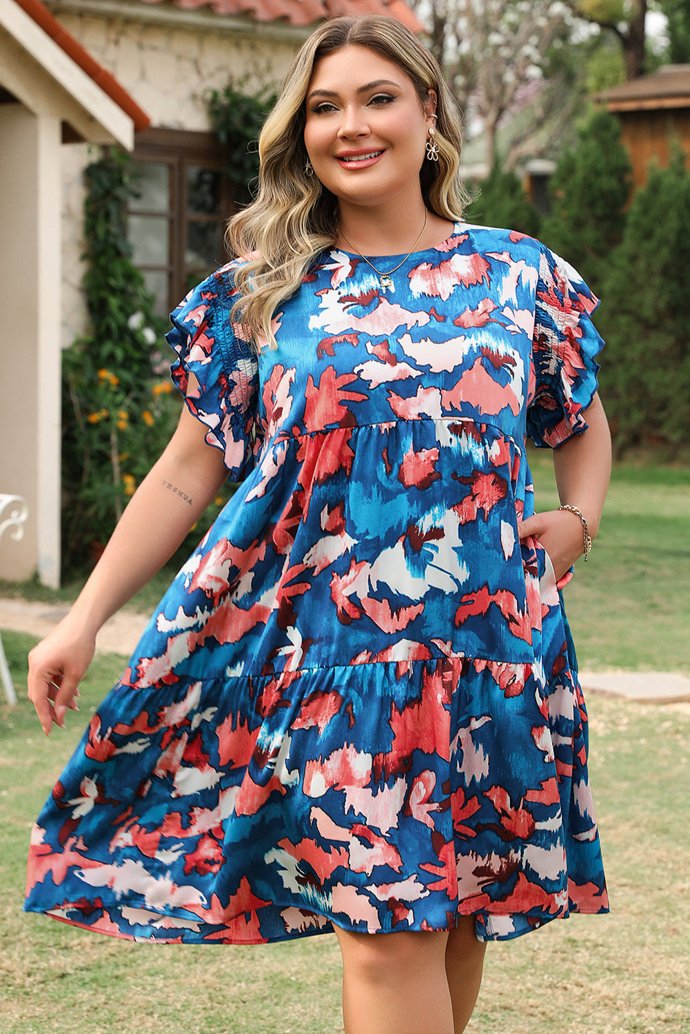 Blue Abstract Print Short Sleeve Tiered Plus Size Mini Dress