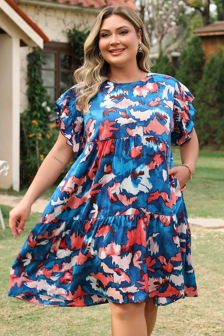 Blue Abstract Print Short Sleeve Tiered Plus Size Mini Dress