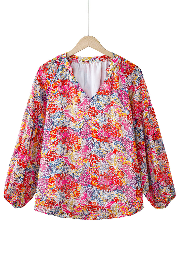 Fiery Red White Floral Print V Neck Long Puff Sleeve Top