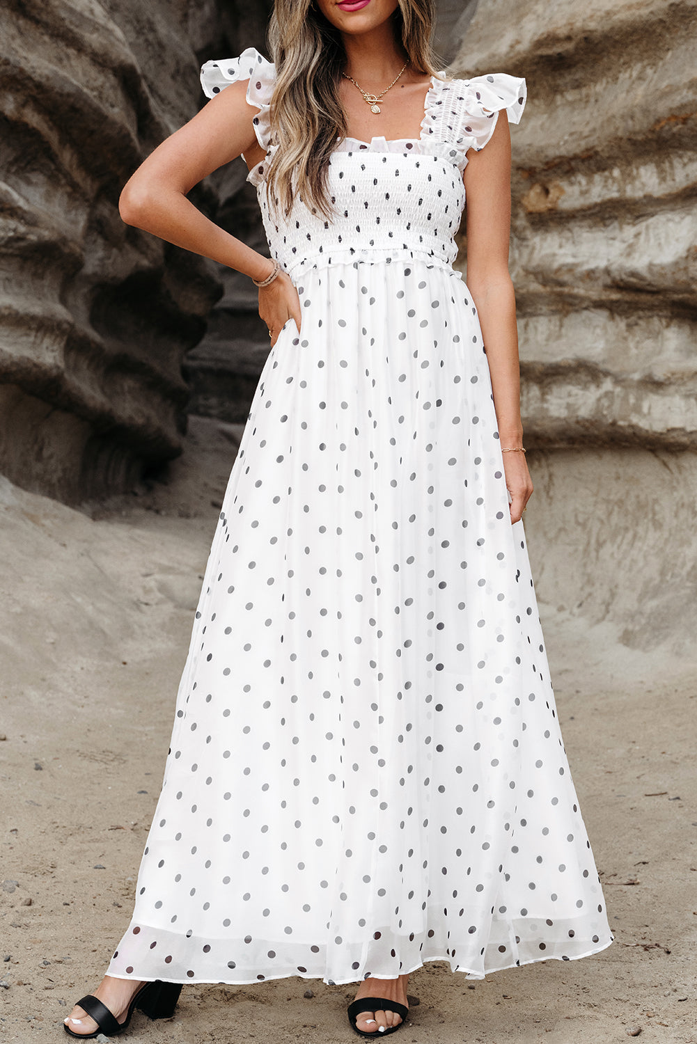 Polka Dot Flutter Sleeve Square Neck Smocked Maxi Dress