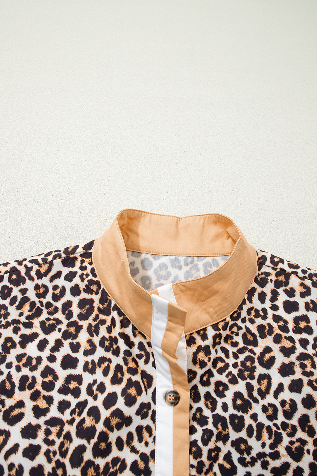 Khaki Button Striped Collar Leopard Print Long Sleeve Flared Dress