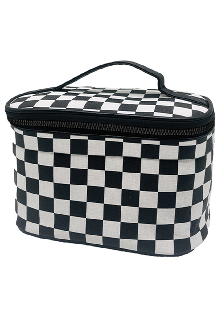 Checkered Zipper Large Cosmetic Bag with Handle