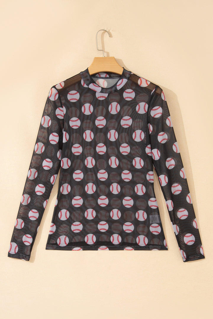 Black Baseball Game Day Sheer Mesh Long Sleeve Top