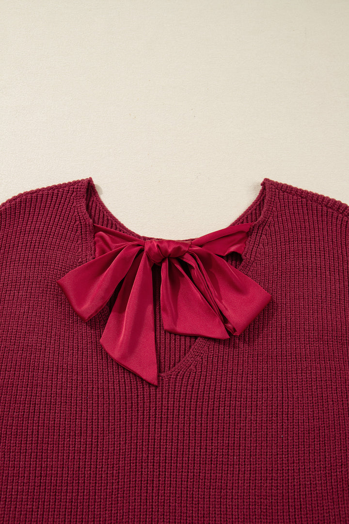 Ribbed Knit Ribbon Knot Backless Drop Shoulder Sweater
