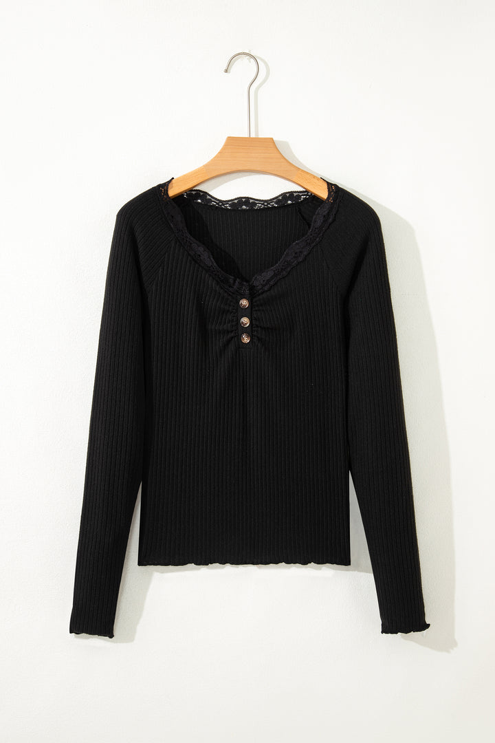 Black Lace Neckline Button Decor Lettuce Edge Long Sleeve Ribbed Top